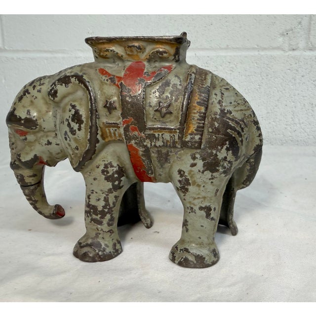 Metal Rare Antique Early 1900 Hand Painted Cast Iron Circus Howdah Elephant Still Bank For Sale - Image 7 of 10