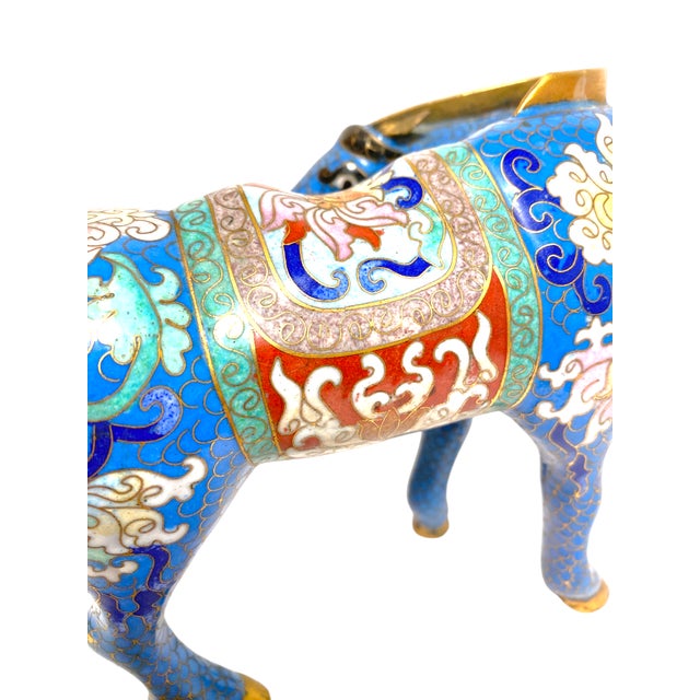 Blue Vintage Chinese Cloisonné Horse Figurine Enamel Brass Statue Blue Red Gold 8.5" For Sale - Image 8 of 15
