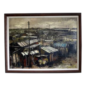 1966 François Franc Oil Painting of Paris Flea Market Marche Aux Puces, Framed