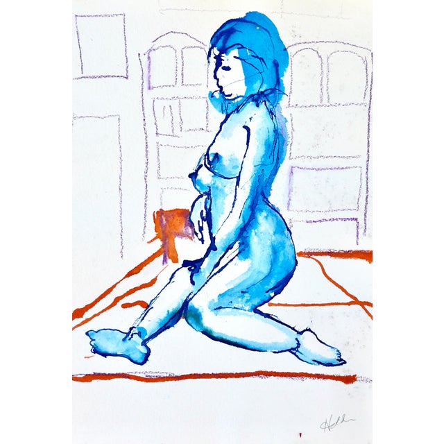 Modern Martha Holden "Woman in Blue" Watercolor and Ink on Paper For Sale - Image 3 of 6