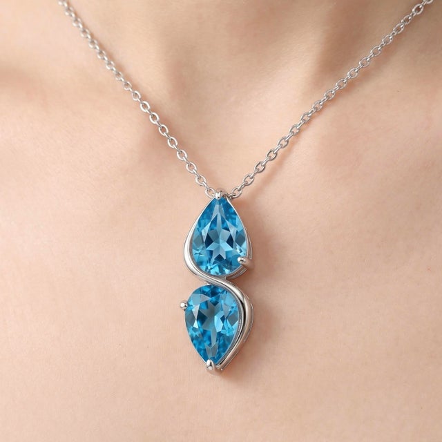 Contemporary Swiss Blue Topaz Drop Dainty Necklace, Pear Cut Blue Gemstone Necklace For Sale - Image 3 of 5