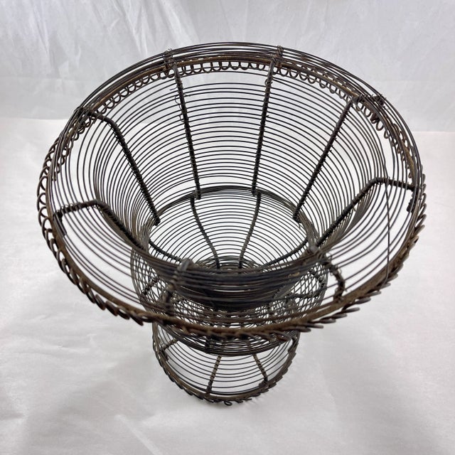 Metal Antique French Pedestal Urn Hand Made Black Twisted Wire Basket, Late 19th C. For Sale - Image 7 of 9
