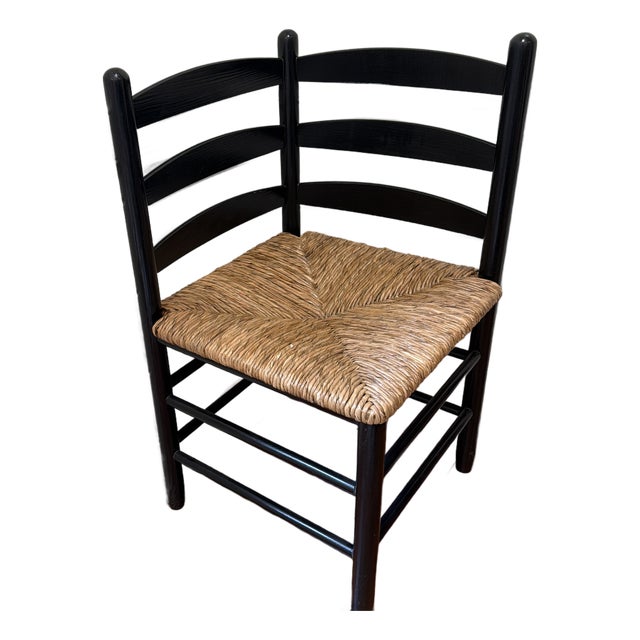 Vintage Mid-Century Ebonized Ladder-Back Corner Chair With Woven Rush Seat For Sale