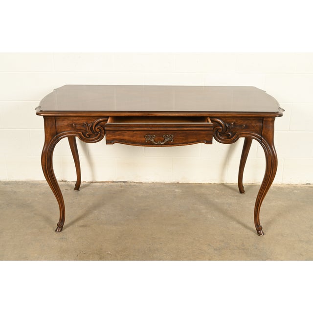 Tomlinson Tomlinson Furniture French Provincial Louis XV Carved Walnut Writing Desk | Circa 1950s For Sale - Image 4 of 14