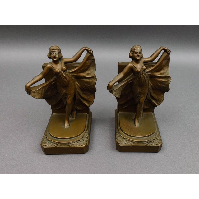 Loie Fuller Dancing Girl Flapper Spelt Bronze Pair of Bookends For Sale - Image 4 of 9
