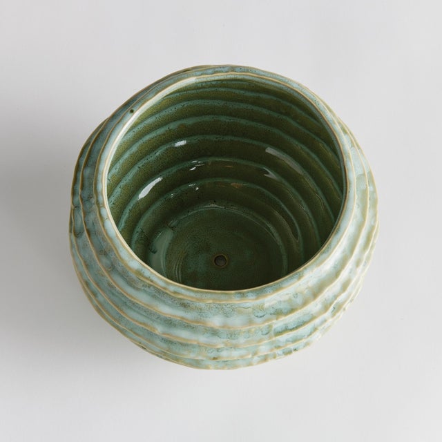 With a reactive glaze and hand finished ribbing detail, this charming sage green pot is a great find. Plant your favorite...