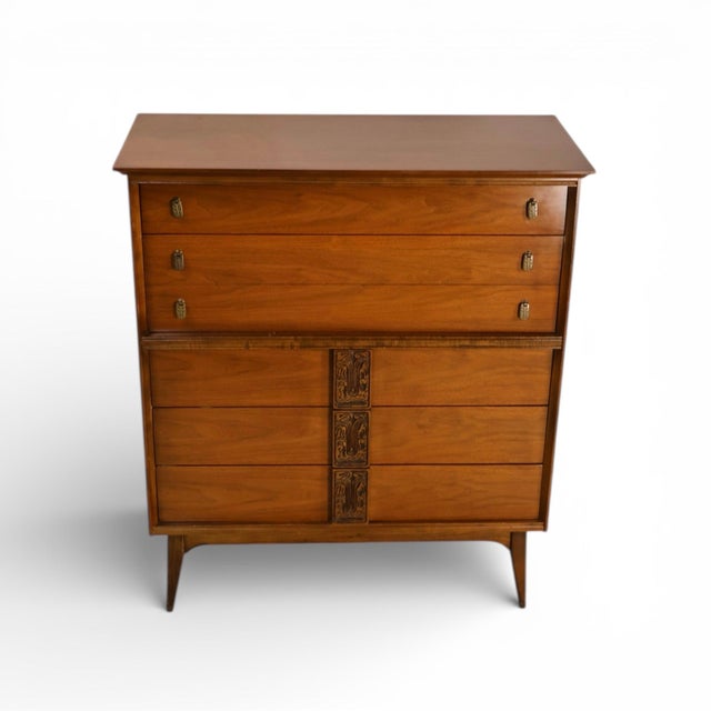 Mid-Century Modern Bassett Mayan Vintage MCM Tiki Highboy Dresser, C. 1960s For Sale - Image 3 of 10