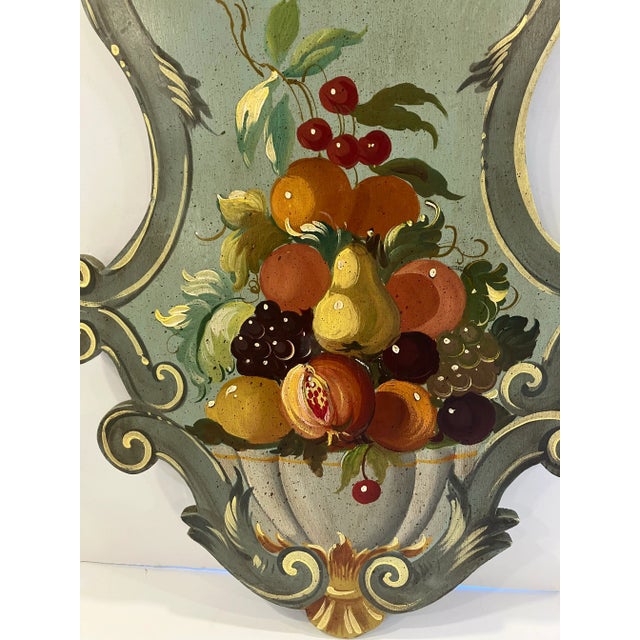 Dating from the 50’s this hand painted wooden panel has pomegranates, cherries, peaches, plums,oranges & grapes Stamped...
