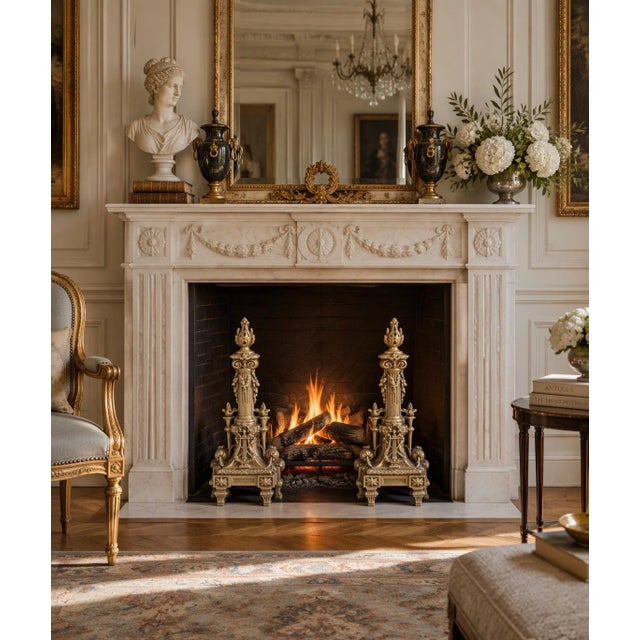 Rococo Antique French Rococo & Louis XVI Chenets a Pair - Large Heavy Brass Fireplace Andirons for Regency, Neoclassical and Old World Decor - See Pics! For Sale - Image 3 of 12