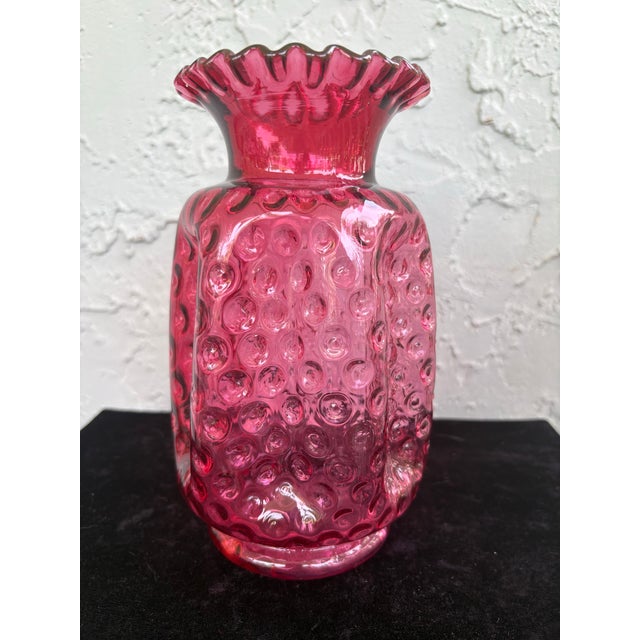Fenton Art Glass Company Vintage Fenton Cranberry Pinch Coin Dot Overlay Art Glass Vase With Ruffled Rim – 8.25” For Sale - Image 4 of 11