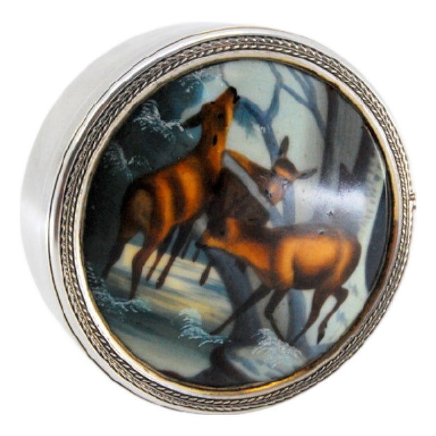 Silver Box with Enameled Image on the Lid with Deer in the Ice For Sale