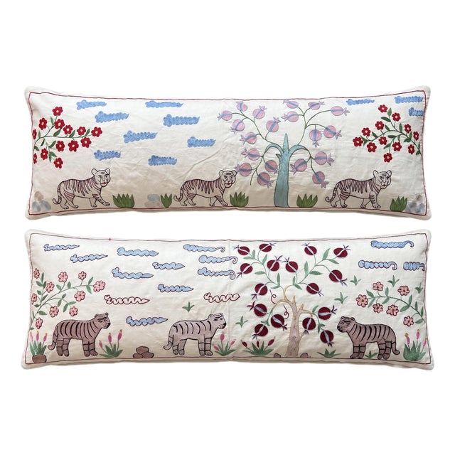 White Tiger Suzani Lumbar Pillow Cover 19'' X 53'' - Set of Two For Sale