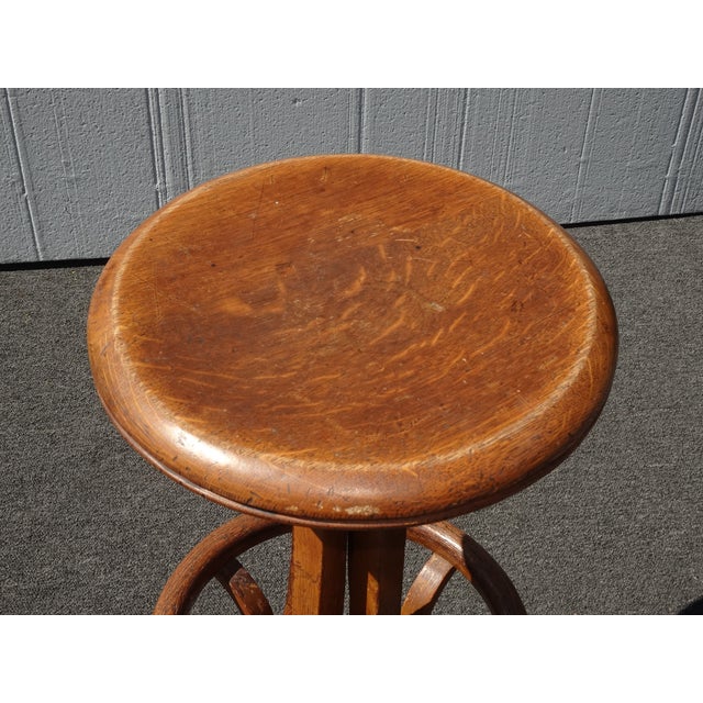 Brown Antique Industrial Adjustable Swivel Oak Drafting Stool Barstool 1of3 ~ # 1 For Sale - Image 8 of 16
