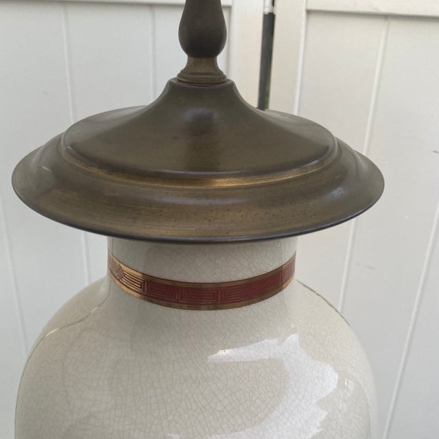 Vintage 35" Japanese Satsuma Style Ceramic and Brass Table Lamp With Tailor Made Shade For Sale - Image 6 of 12