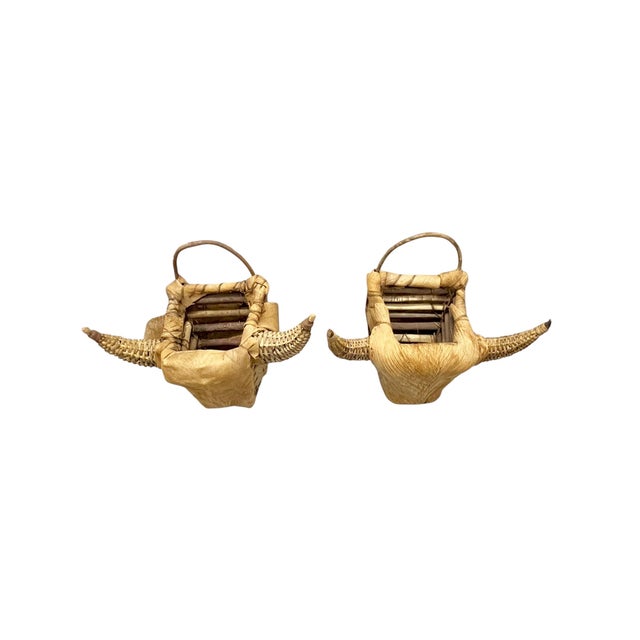 Brown Pair Vintage Texas Folk Tramp Art Wicker Bull Head Planters For Sale - Image 8 of 14