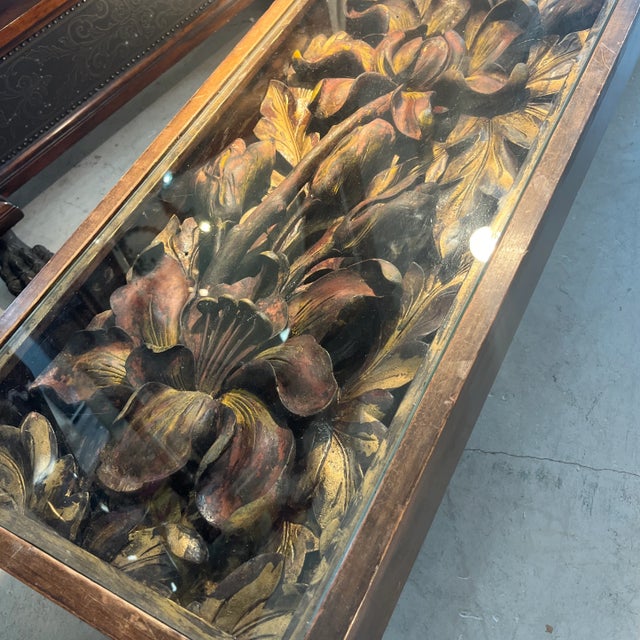 Mid 20th Century Mid 20th Century Carved Wood Flowers in Glass Top Table For Sale - Image 5 of 8