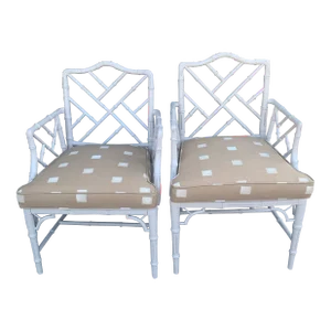 Mid 20th Century Vintage Faux Bamboo Chair With Custom Schumacher Cushion - a Pair