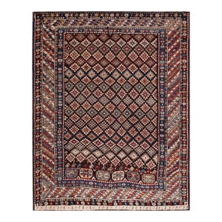 1900s Black Geometric Tribal Antique Caucasian Shirvan Rug 3'7" X 4'9" Handknotted Wool Carpet For Sale