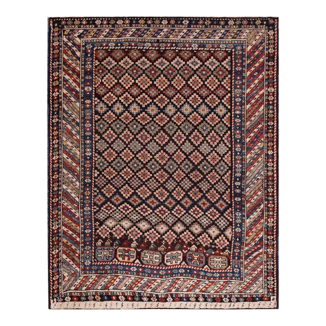 1900s Black Geometric Tribal Antique Caucasian Shirvan Rug 3'7" X 4'9" Handknotted Wool Carpet For Sale
