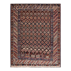 1900s Black Geometric Tribal Antique Caucasian Shirvan Rug 3'7" X 4'9" Handknotted Wool Carpet