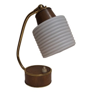 Vintage Bedside Lamp with Brass Frame with Teak Veneer and White Glass Shade, 1970s For Sale