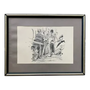 1960s Bud Biggs Signed Framed “Courtyard” Pencil Sketch Lithograph Print
