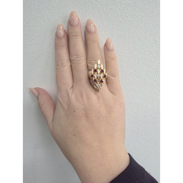 Modern Vintage 14k Gold 1 Carat Ruby and Diamond Brutalist Navette Cock Ring, Size 7 For Sale - Image 3 of 7