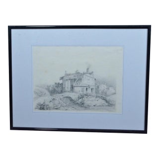19th Century French School Pencil Drawing of a Rustic Village Landscape For Sale