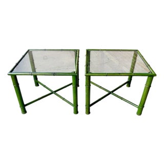 Vintage Tole Faux Bamboo Green Accent Tables With Glass Tops - Newly Painted For Sale