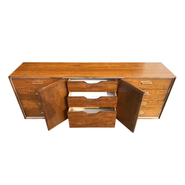 1960s Mid-Century Modern Walnut Credenza With Chrome Accents and Floating Base For Sale - Image 10 of 16