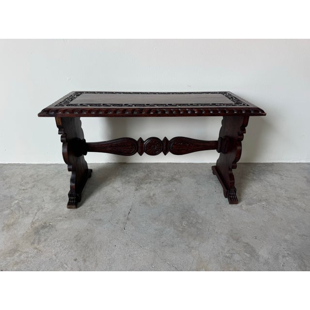 Vintage Italian Renaissance-Style Hand-Carved Wood Coffee Table / Bench For Sale - Image 4 of 12