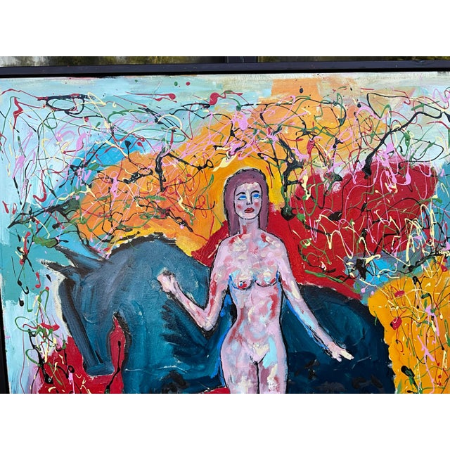 Abstract Large Signed Framed Modern Abstract Oil on Canvas - Female Nude W/ Horse Art For Sale - Image 3 of 7