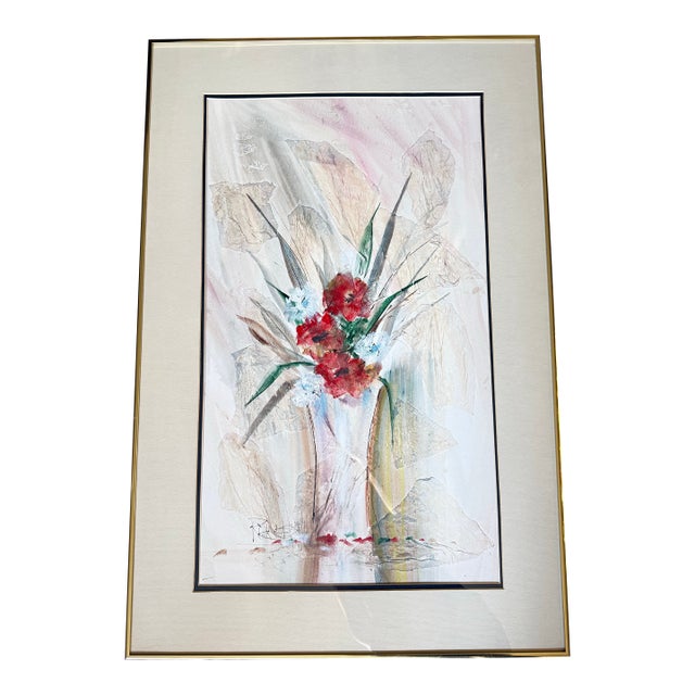 Bill Richardson Framed Modern Floral Still Life Watercolor Painting 1980’s 24” X 36” For Sale
