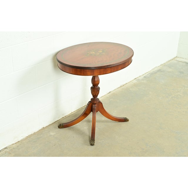 English Imperial Furniture Georgian Mahogany Pedestal Floral Painted Side Table or Tea Table, Circa 1940s For Sale - Image 3 of 12