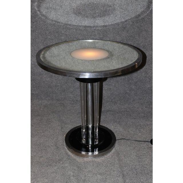 Unique Machine Age or Art Deco Glass and Chrome Lighted Pedestal Table For Sale - Image 11 of 11