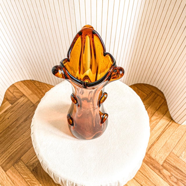 Hand-formed art glass vase in a deep cognac amber, produced by Huta Szkła Gospodarczego "Ząbkowice" in Lower Silesia,...