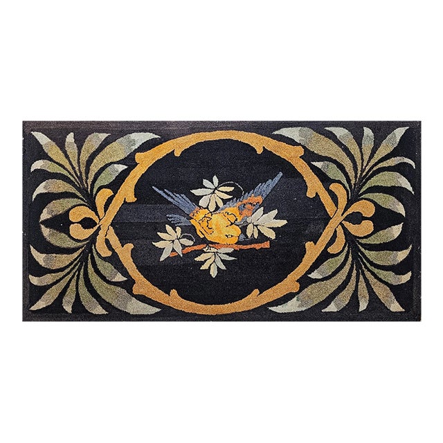 Vintage American Hand Hooked Rug, Bird on a Tree Branch Design, Folk Art Tapestry, 3x5 For Sale