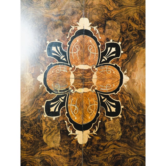 Antique Oval Burlwood Coffee Table With Marquetry Inlay and Scalloped Edge For Sale - Image 6 of 16