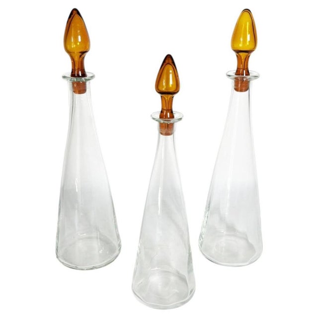 Vintage Art Glass Bottles with Orange-Brown Stoppers, France, 1970, Set of 3 For Sale - Image 11 of 11
