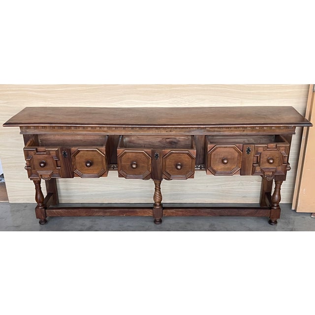 Early 20th Large Carved Walnut Console Table With Two Drawers For Sale - Image 4 of 10