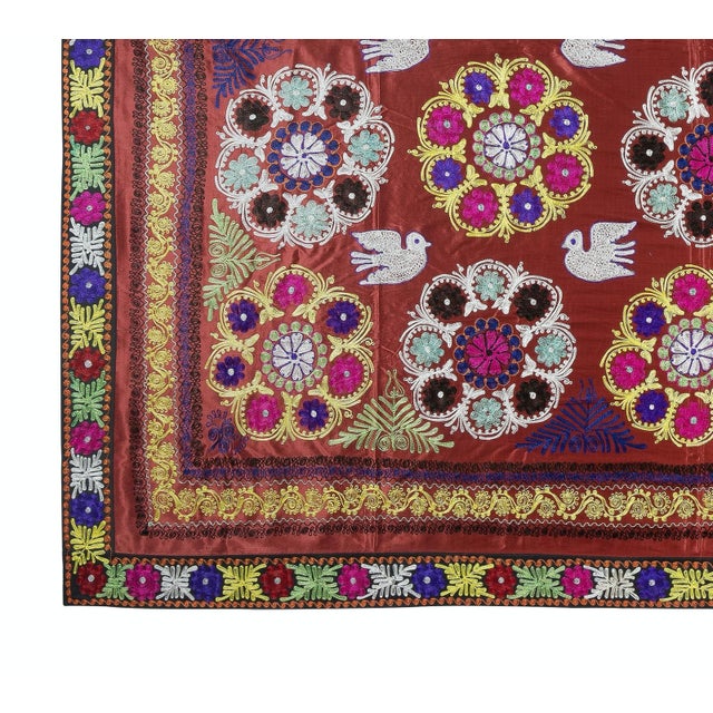 1980s 9x10.2 Ft One of a Kind Vintage Silk Embroidery Bed Cover. Red Wall Hanging For Sale - Image 5 of 6