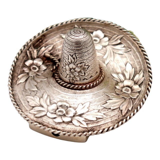 Silver Sombrero Toothpick Holder with Reliefs and Applications For Sale