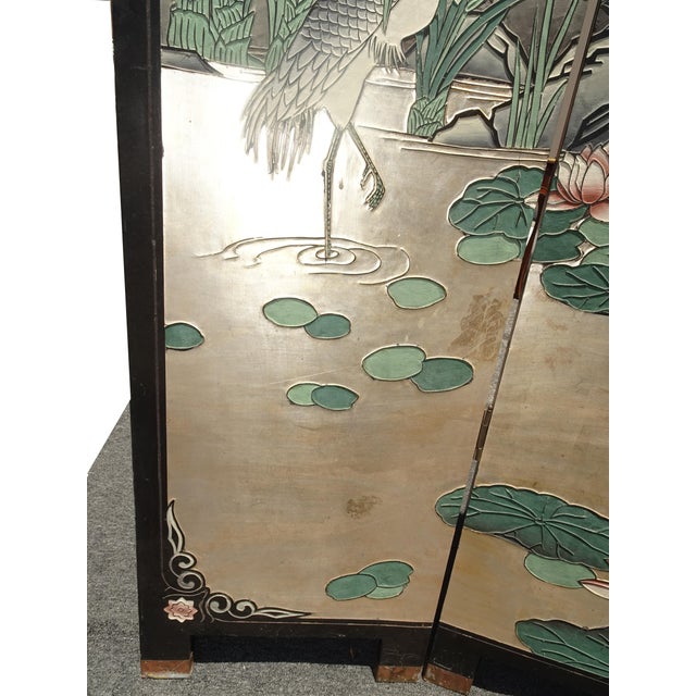 Vintage Silver Chinese Asian Six Panel Screen ~ Room Divider W Heron Birds For Sale - Image 9 of 18