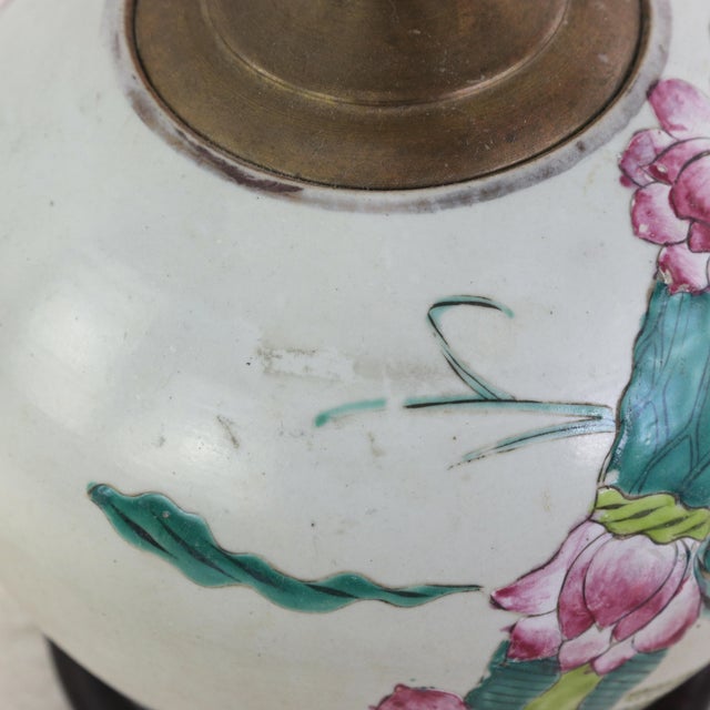 Vintage Famille Rose Porcelain Vase Lamp With Pink Lotus Blossom and Water Lily Motif For Sale - Image 12 of 14