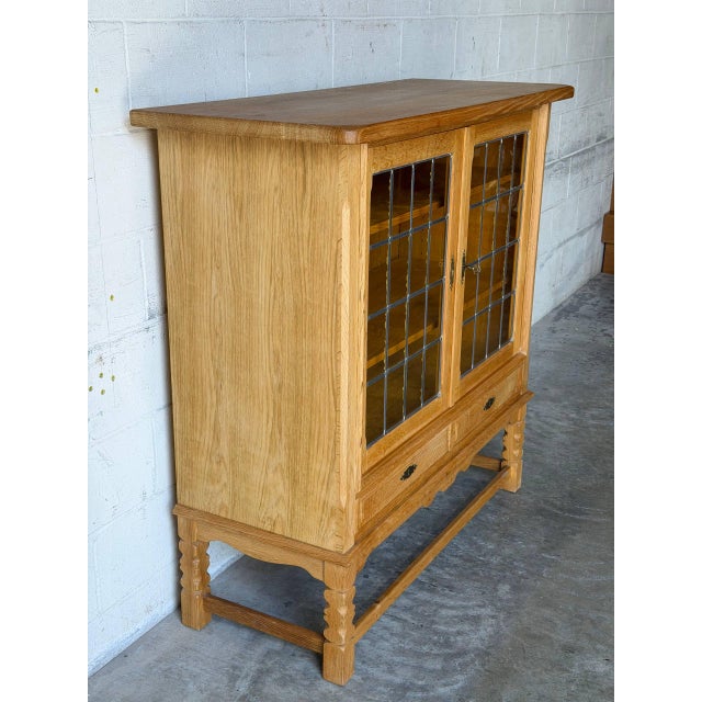 Brown In Style of Henning Kjærnulf Oak Glass Cabinet With Leaded Doors Vintage Danish Mid-Century Modern 1960s For Sale - Image 8 of 10