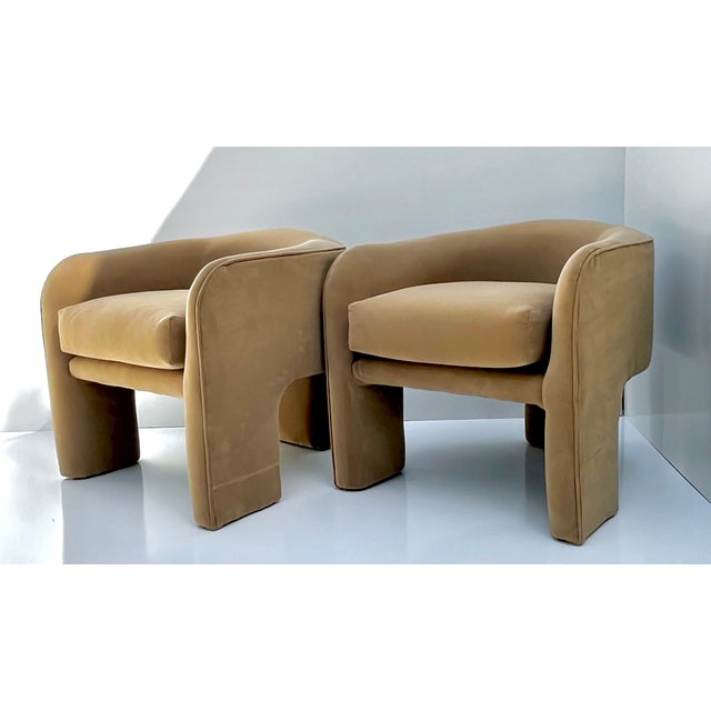 Modern Vintage Low Back Barrel Club Chair in Camel Velvet - Set of 2 For Sale - Image 3 of 10