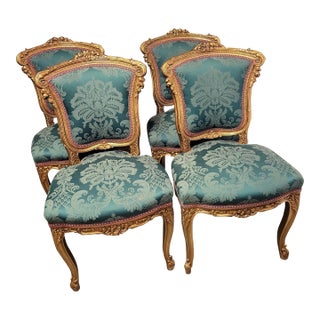 Vintage French Louis XV Style Gold Gilt Chairs Dark Green Damask Upholstery - Set of 4 For Sale
