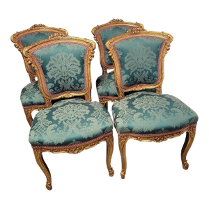 Vintage French Louis XV Style Gold Gilt Chairs Dark Green Damask Upholstery - Set of 4