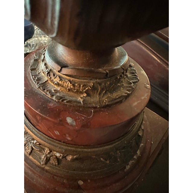 19th Century French Patinated Bronze Spelter and Rouge Griotte Marble Candelabras Garnitures Pair For Sale - Image 9 of 12