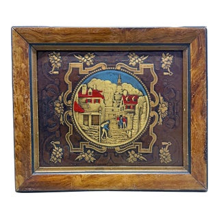 Antique Framed Embossed Colonial Philadelphia Village Scene Leather Panel For Sale